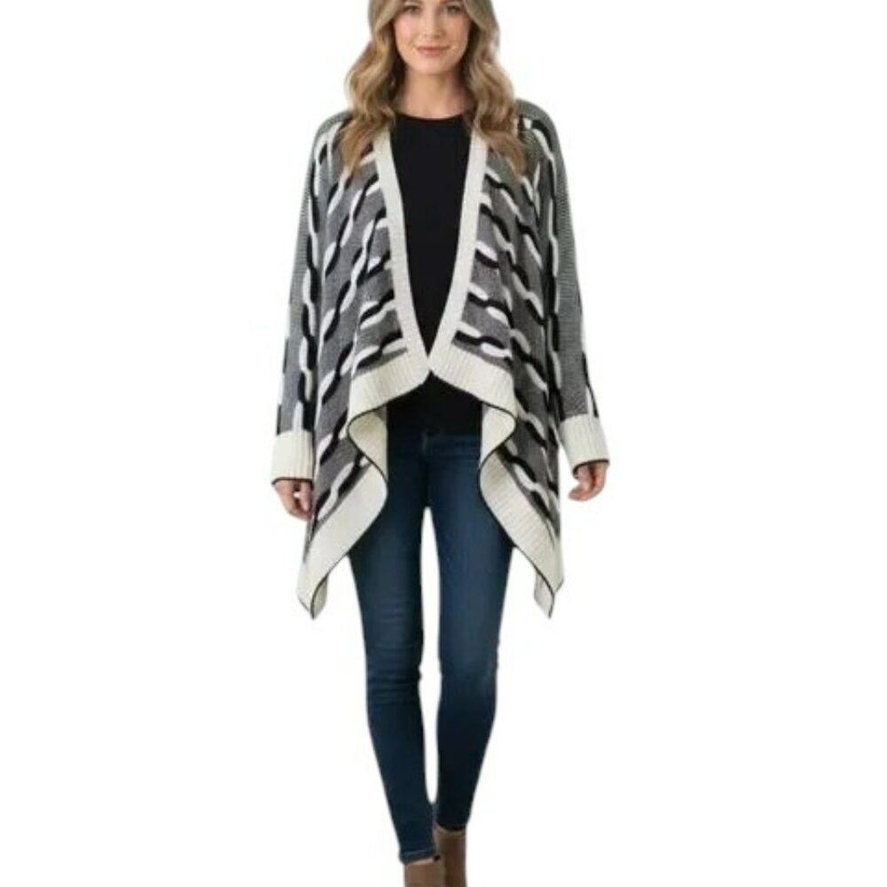 36 Point 5 Braided Knit Waterfall Cardigan OS • Black & Cream Cozy Layer Preppy